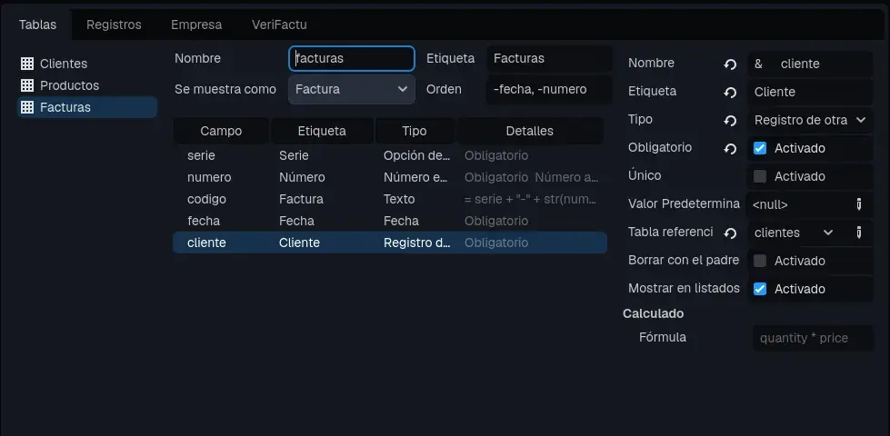El campo «cliente»: un registro de la tabla de clientes.