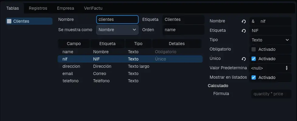 La tabla de clientes, con el campo NIF seleccionado.