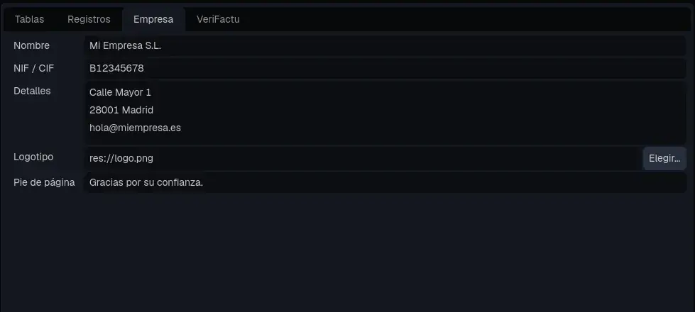 La pestaña Empresa del panel Datos.