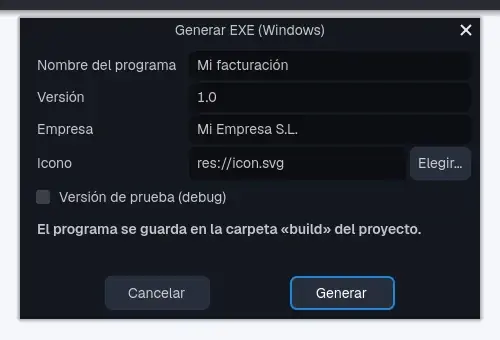 La ventana «Generar EXE (Windows)».