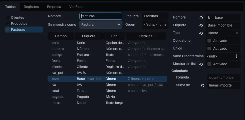 La tabla de facturas. En «Detalles» ves las fórmulas, las sumas y la numeración.
