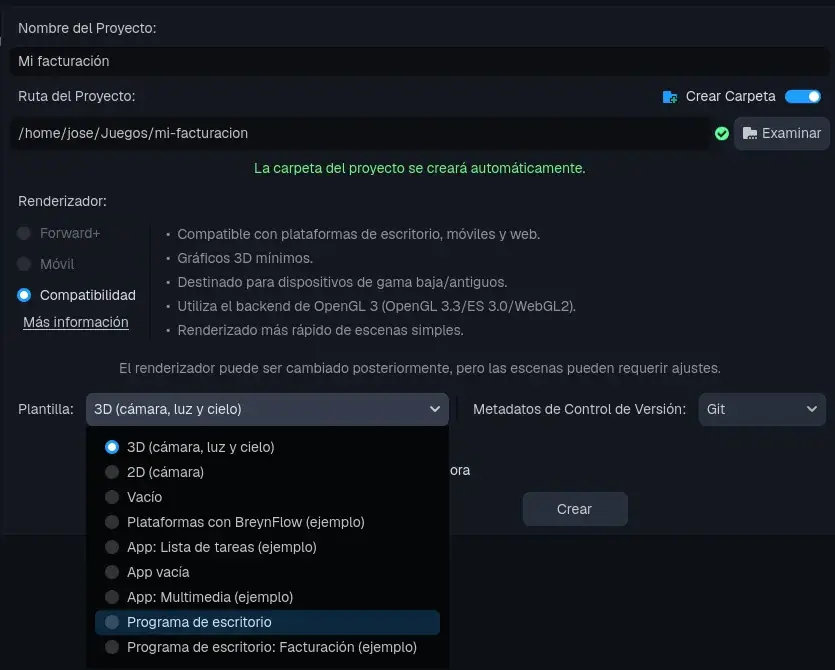 La plantilla «Programa de escritorio».