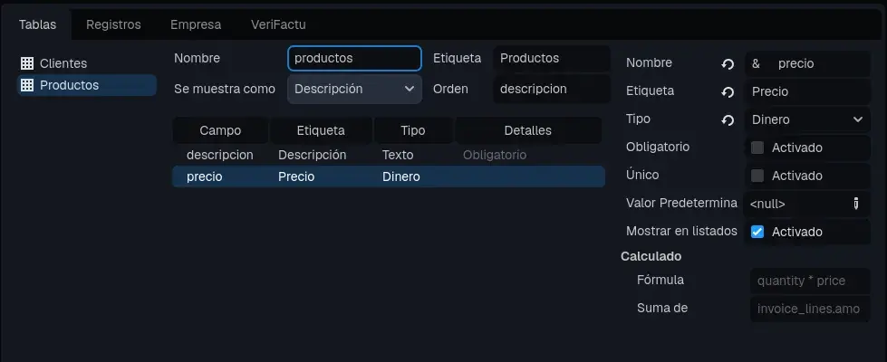 La tabla de productos.