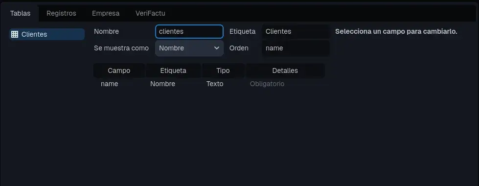 Una tabla nueva, con su primer campo.