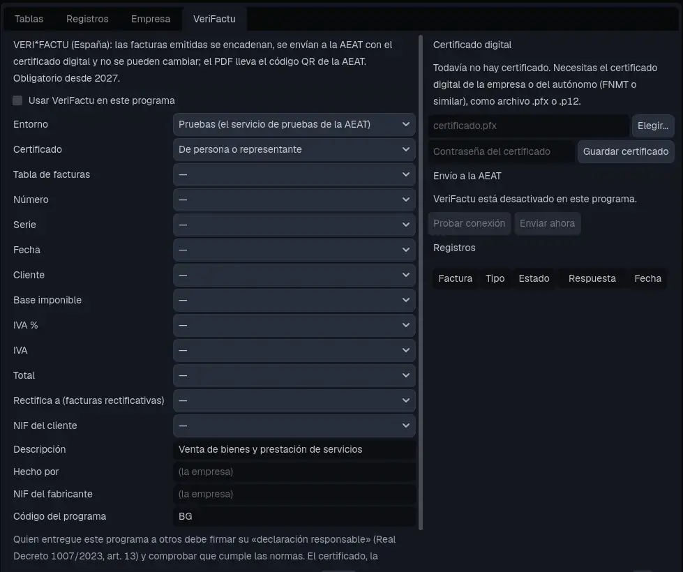 La pestaña VeriFactu: qué campos son el número, la serie, la fecha, el cliente, los importes...