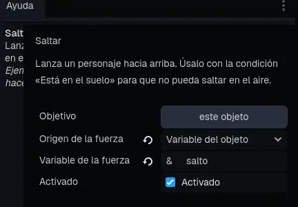 La ficha de Saltar: la fuerza sale de la variable «salto».