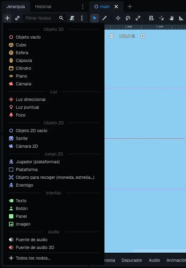 El menú Crear: Jugador, Plataforma, Objeto para recoger y Enemigo.