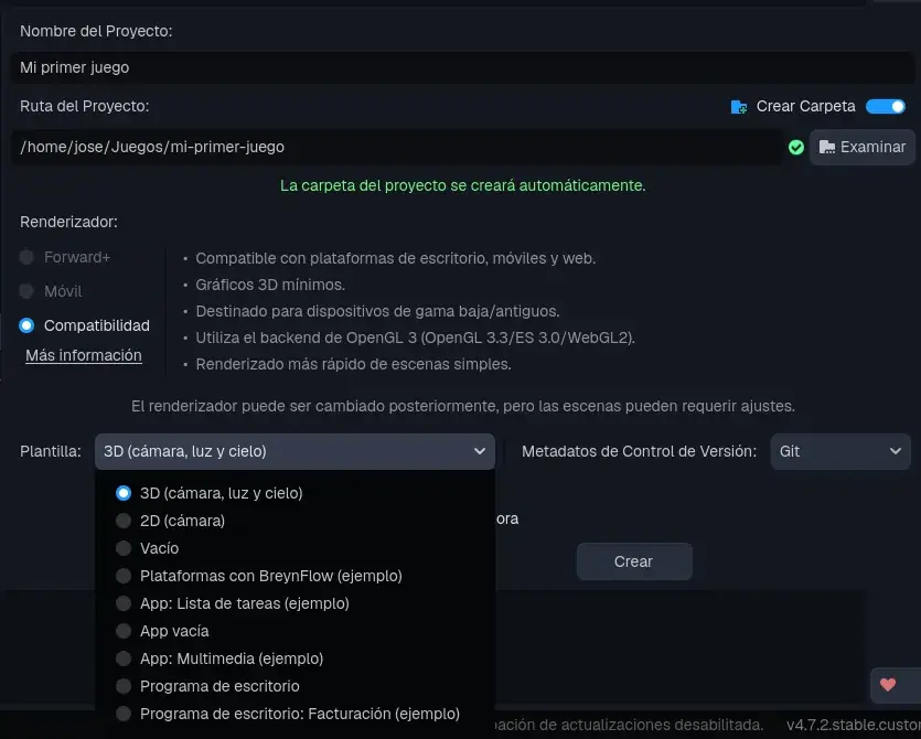 Las plantillas: elige «2D (cámara)».