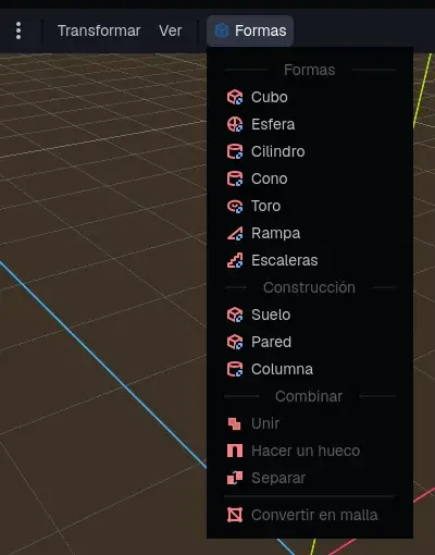 Formas: cubos, esferas, rampas, escaleras, suelos, paredes... y las herramientas para combinarlas.