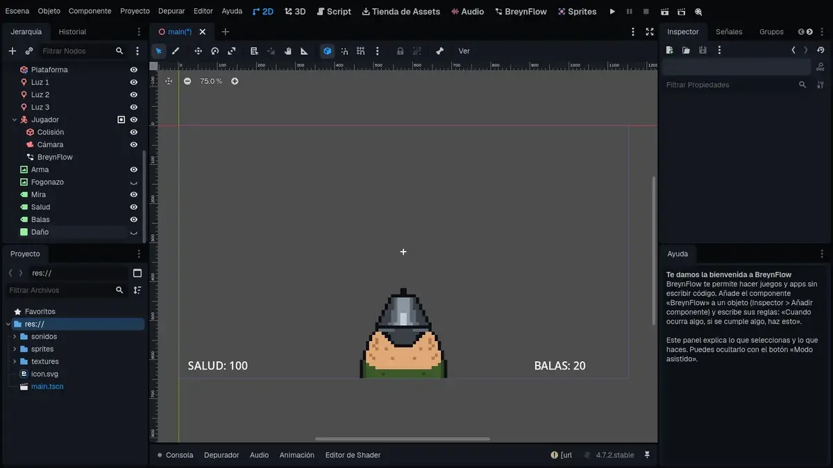La pantalla del jugador, en la pestaña 2D.